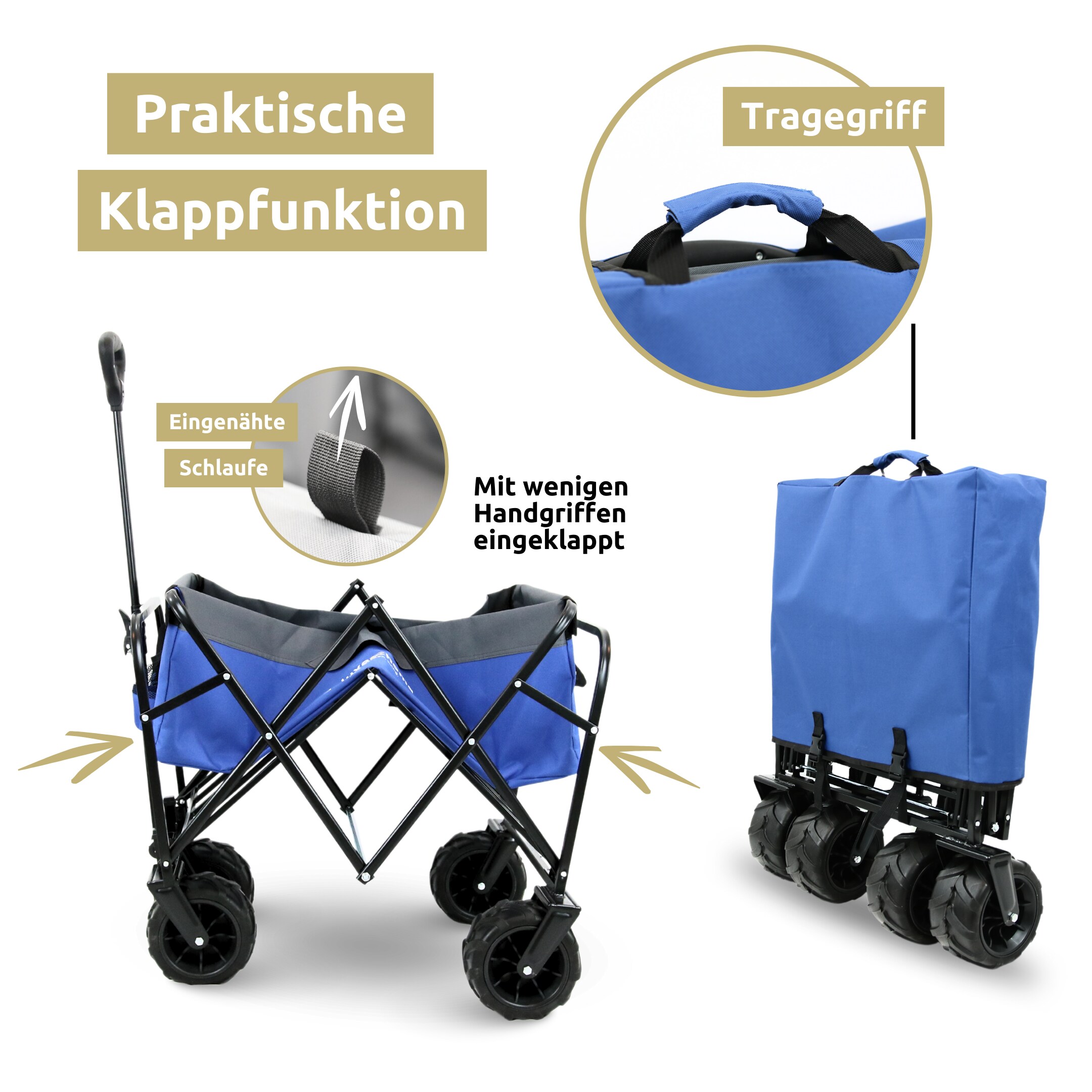 deluxe4home® Bollerwagen mit breiten Reifen | Blau/Grau
