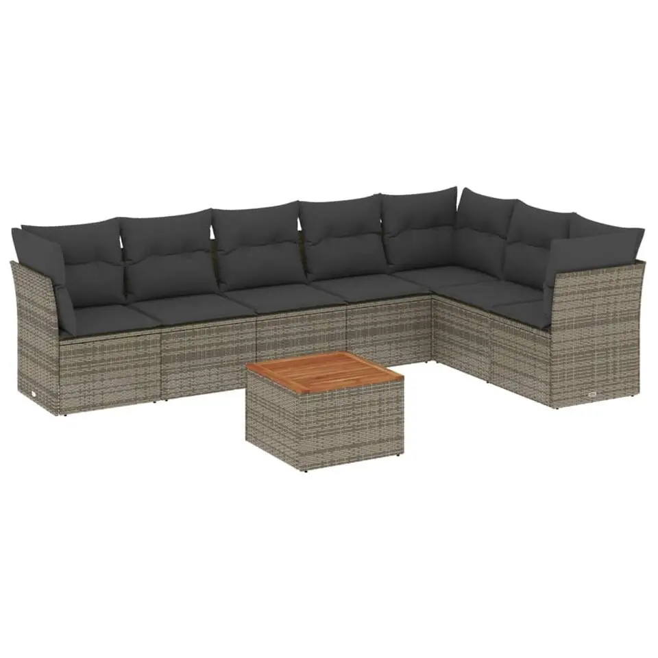 vidaXL 8-delige Loungeset met kussens & salontafel - Grijs - Poly rattan