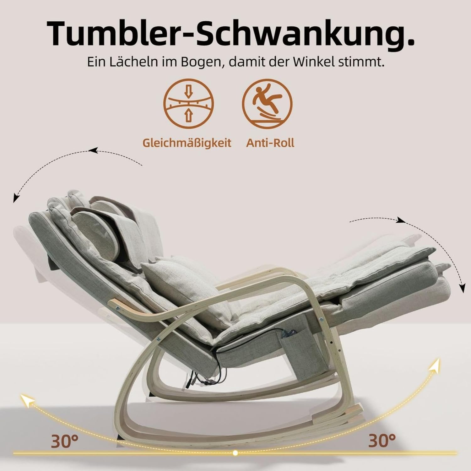 Massage Schaukelstuhl, Relaxsessel, Fernsehsessel mit 3 Zonen Massage, Massagesessel mit Waermefunktion verstellbare Kopfstuetzte und Fußstütze, Bezug abnehmbar 150kg belastbar, Beige