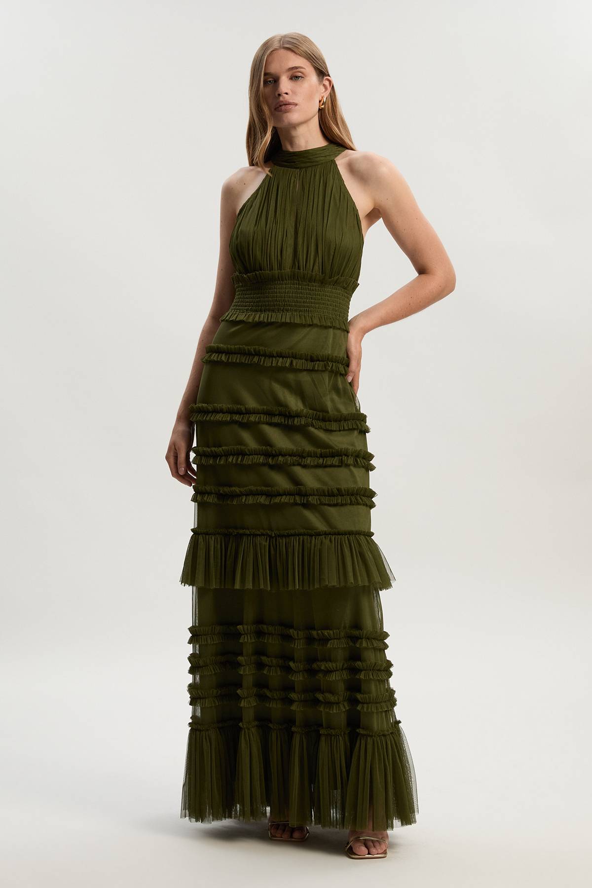 KarenMillen Robe Longue à Col Licou en Tulle à Volants