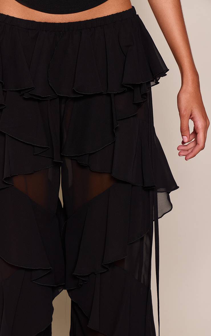 Noir Pantalon Large En Mousseline À Volants