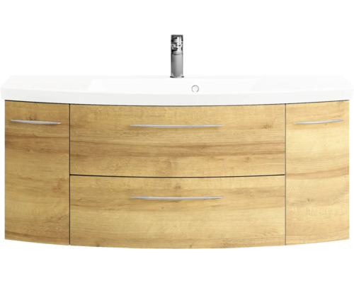 Pelipal Sunline 104 badkamermeubelset, BxHxD 121 x 200 x 50,5 cm, frontkleur: Riviera eiken, 3-delige badkamermeubelset met wastafel en badmeubel van wit mineraalmarmer, spiegelkast met LED-verlichting
