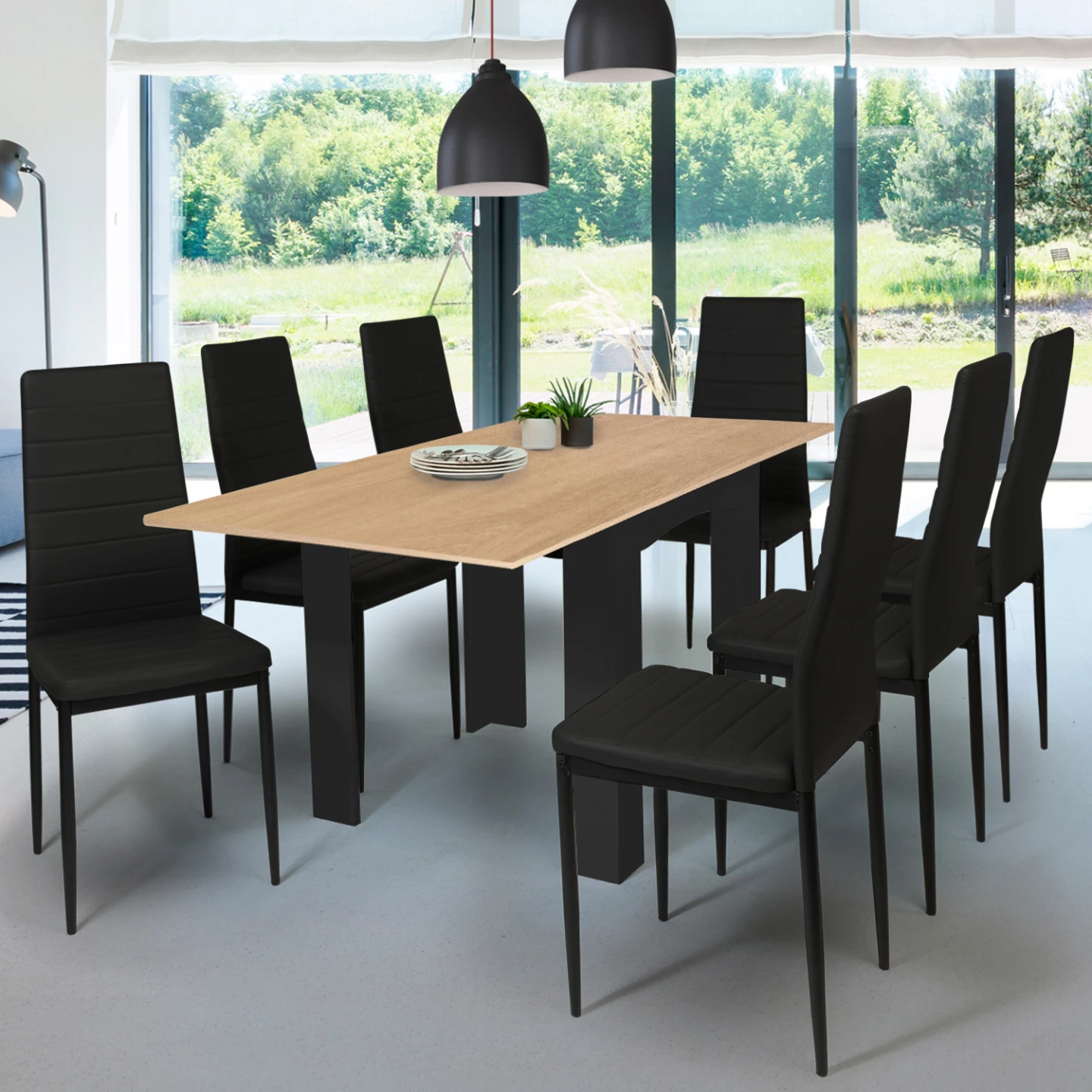Table à manger extensible rectangle DONA 4-8 personnes noire plateau façon hêtre 80-160 cm