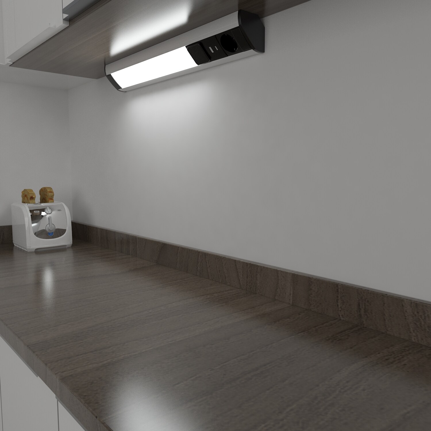 LED Unterbauleuchte mit Schalter und Steckdose, 230VAC Anschluss, 3000 Kelvin, USB-Port Typ A+C, Aluminium + ABS, IP20 silbergrau