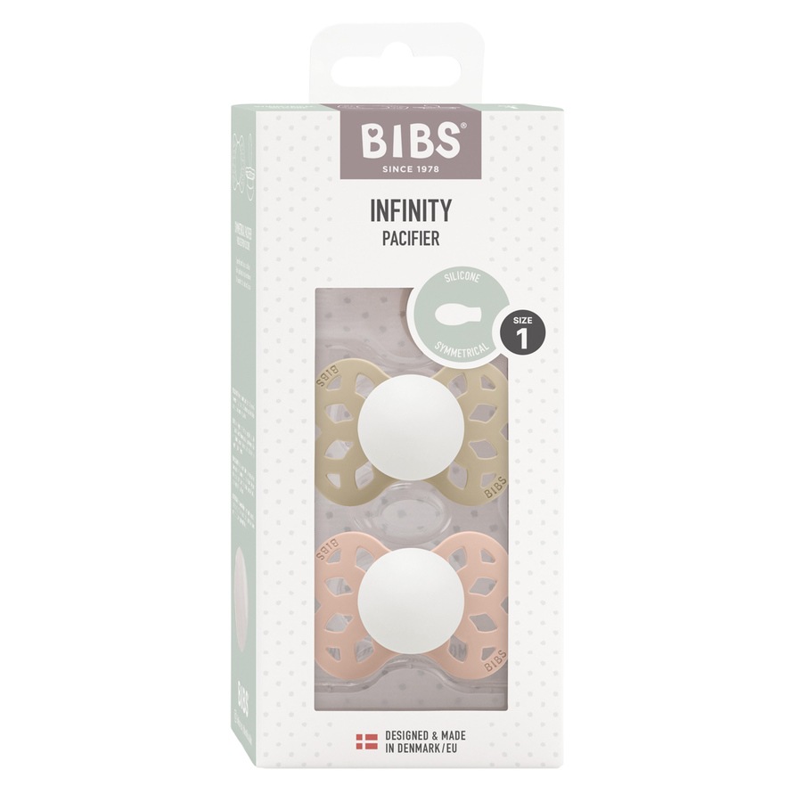BIBS Pacifier Infinity Symmetrical Silicone Vanilla Glow/Blush Glow Size 1 2pcs