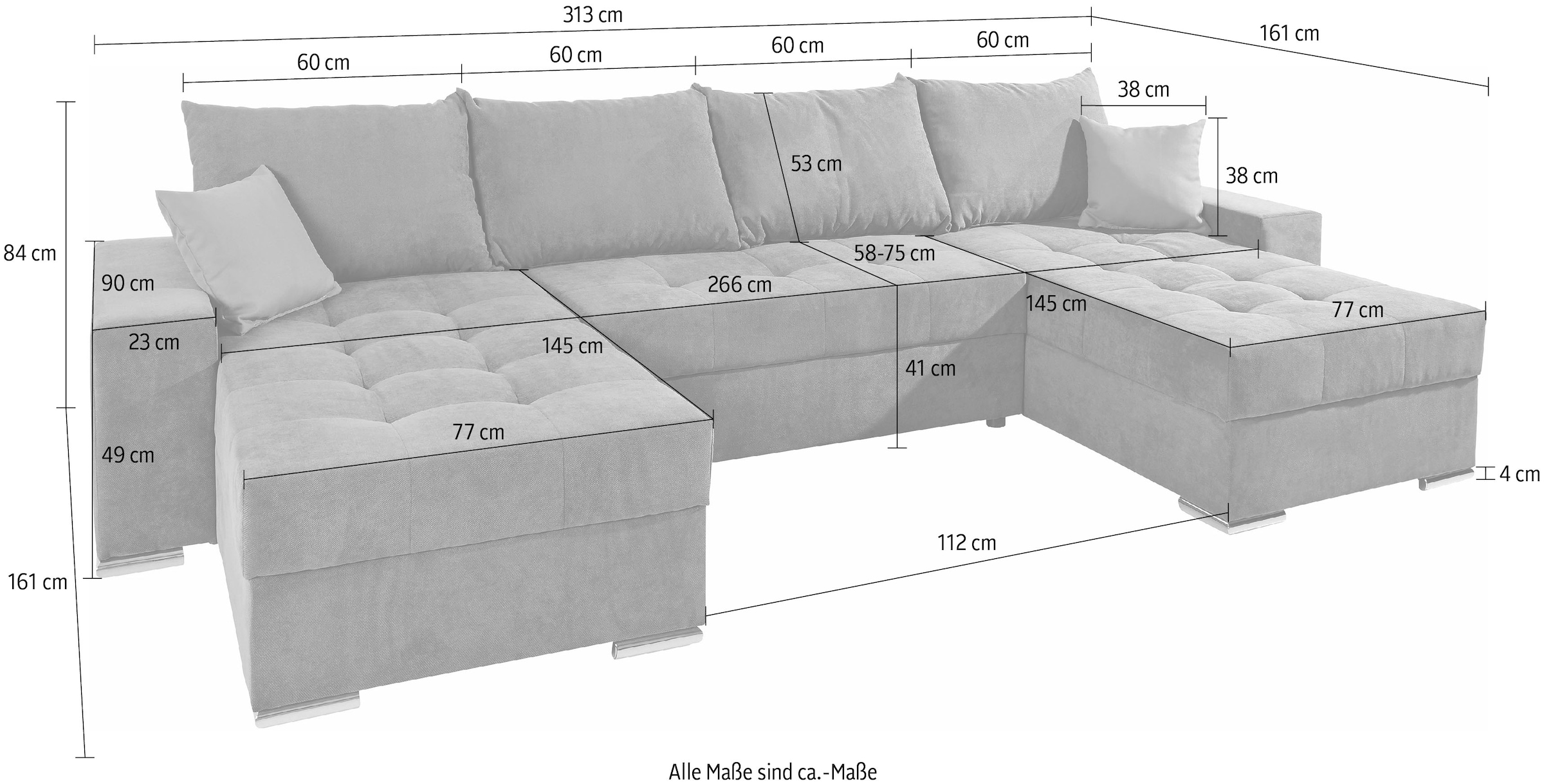 COLLECTION AB Wohnlandschaft »Josy XL U-Form, B: 313 cm in Cord, Cord-Mix« mit Bettfunktion, Bettkasten & 2 Zierkissen, Federkern