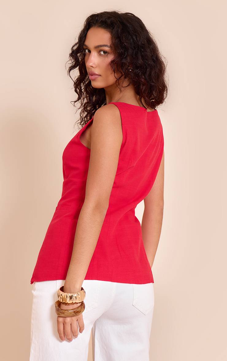 Rouge Gilet Long Sans Manches À Encolure Carrée Aspect Lin