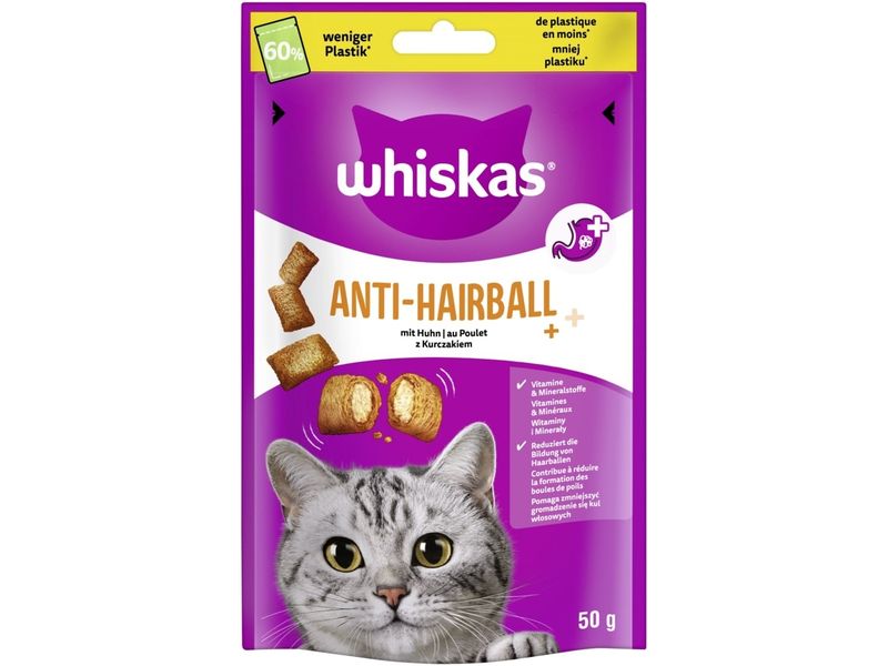 Whiskas Katzen-Snack Anti-Hairball 6 x 50g Anti-Hairball Snacks für Katzen reduziert Haarballenbildung