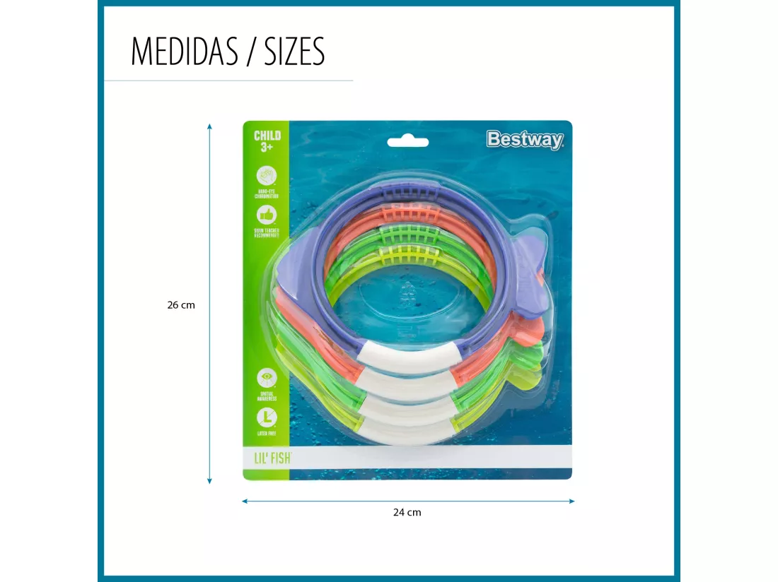 Jeu de Piscine Bestway Lil Fish avec 4 Anneaux de Plongée de Couleurs Bleu Orange Vert pour Enfants