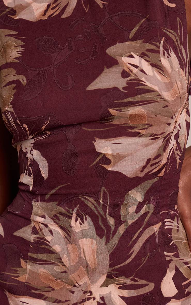 Rouge Bordeaux Robe Longue En Mousseline Dévorée Florale Avec Dos Drapé
