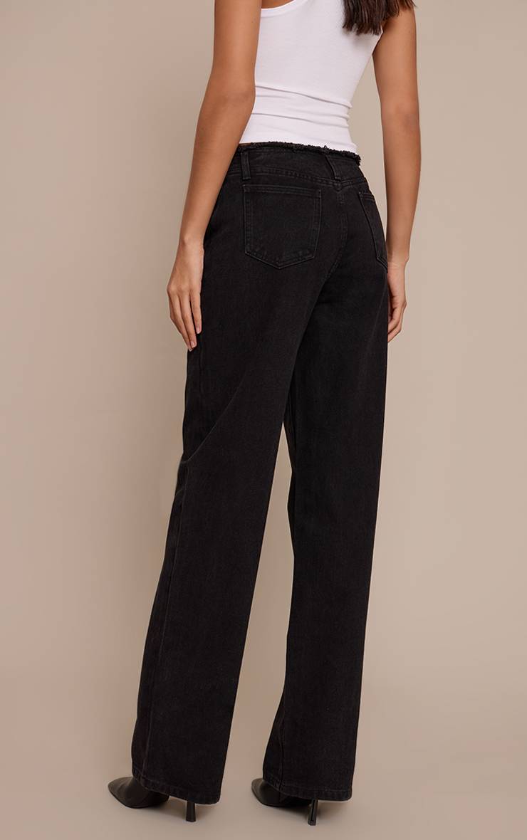 Noir Jean Taille Haute Droit Taille Bord Effiloché Coupe Basse