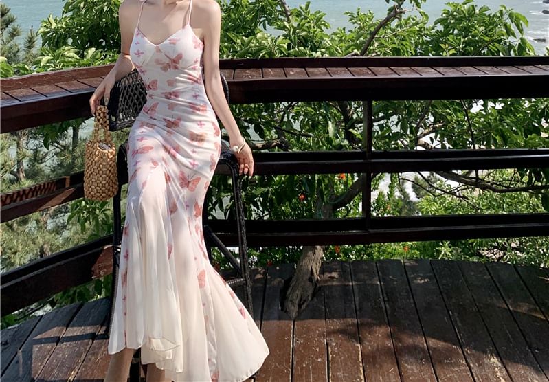 Moanum - Halter vlinderprint veter maxi zeemeerminjurk