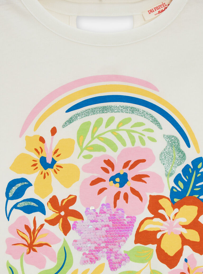 T-shirt écru animation fleur sequins magique pour fille