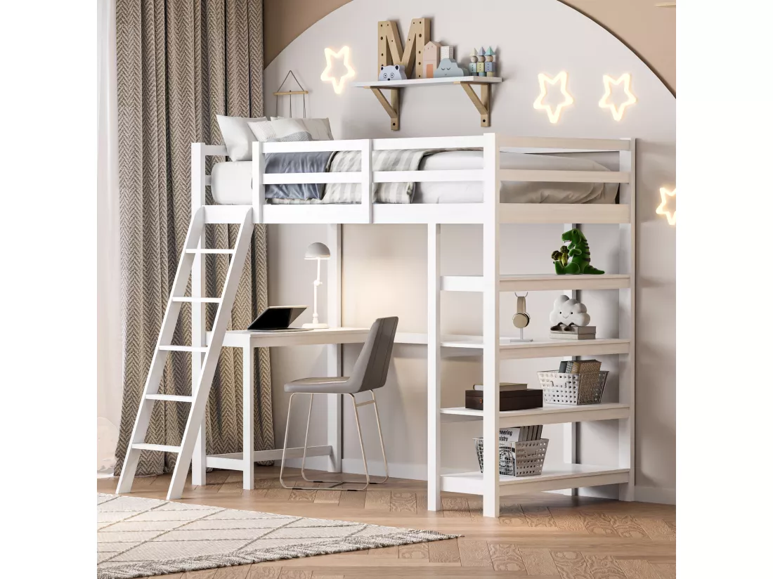 Lit Mezzanine pour Enfant, 90 x 200 cm, avec Compartiments de Rangement et Bureau sous Le lit, Blanc, étagère de Rangement à Quatre Couches, Grande capacité, Peu encombrant et Fonctionnel