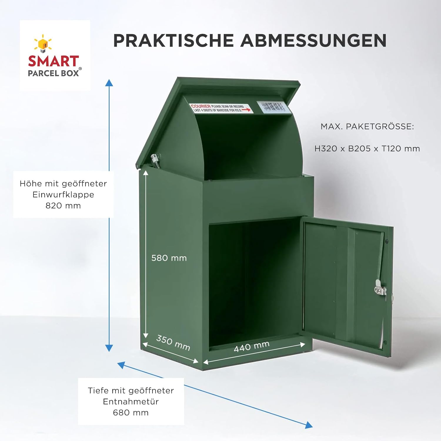 SMART PARCEL BOX Paketbox, Paketbriefkasten Wandmontage, Briefkasten mit Paketfach, Postbox für Pakete Outdoor mittelgroß, Paketkasten rostfrei verzinkter Stahl, 3 Schlüssel, 44x35x58 cm, grün
