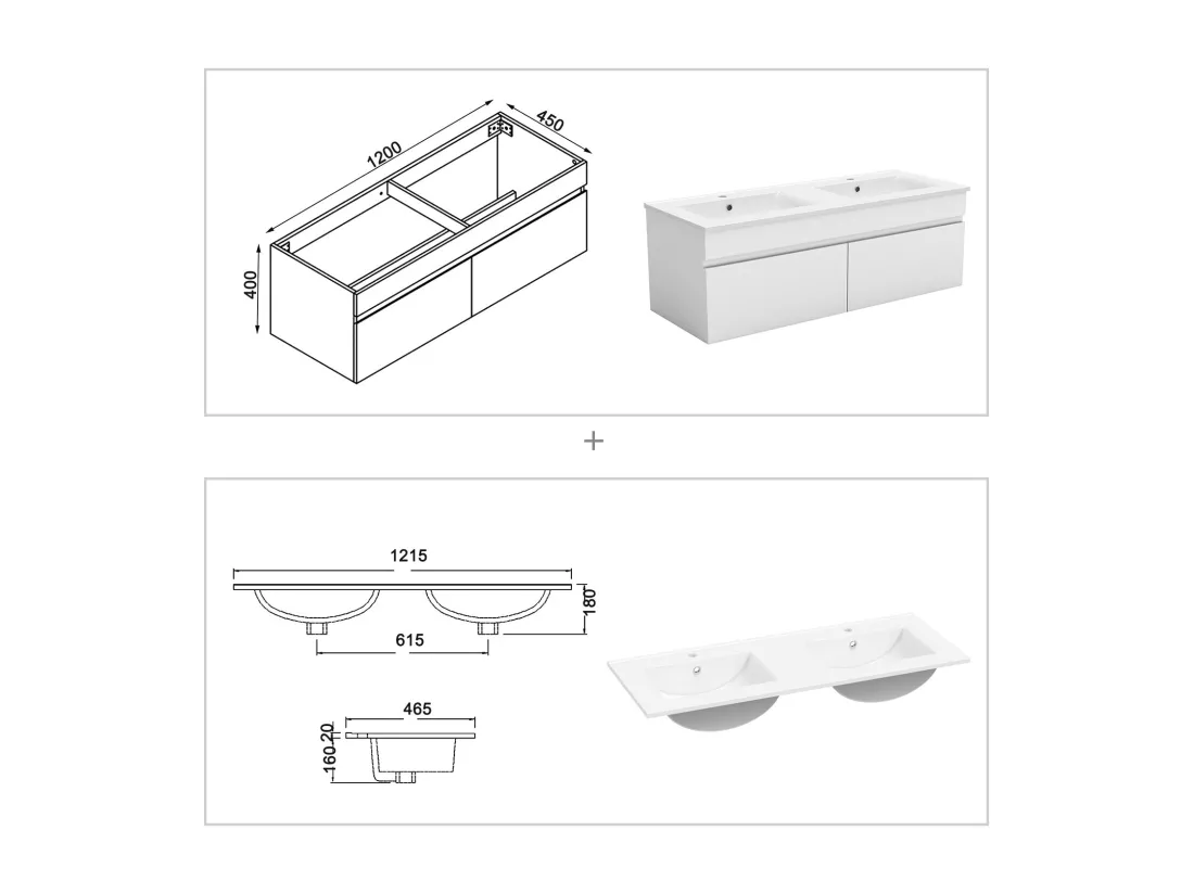 Meuble double vasque blanc 120cm avec colonne et miroir 3 couleurs et dimmable