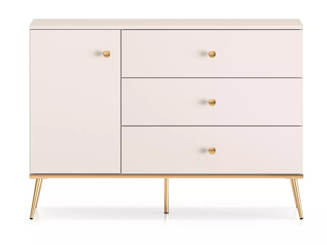 Buffet - 120 cm - 1 porte avec trois tiroirs - grège avec pieds dorés - SELGIN