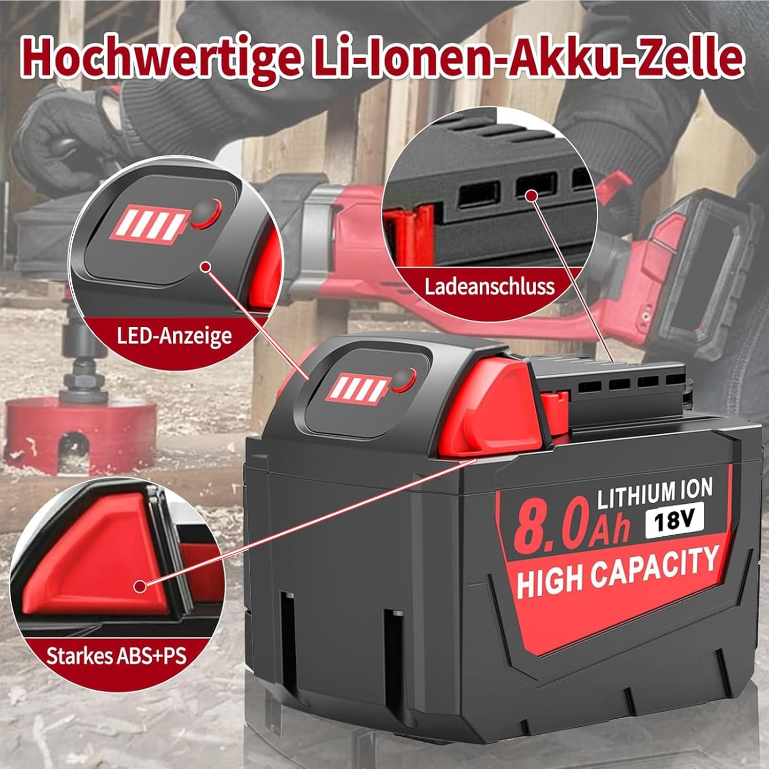 4 × 18V 8.0Ah Ersatz für Milwaukee Akku 18V, Kompatibel mit Milwaukee Akku M18 48-11-1852, 48-11-1850, 48-11-1840, 48-11-1830, 48-11-1820 mit LED-Anzeige (4 × 8.0Ah)