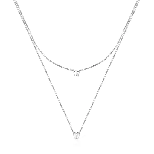 Conjunto de Colares Mini Icons com Flor e Coração Prateados
