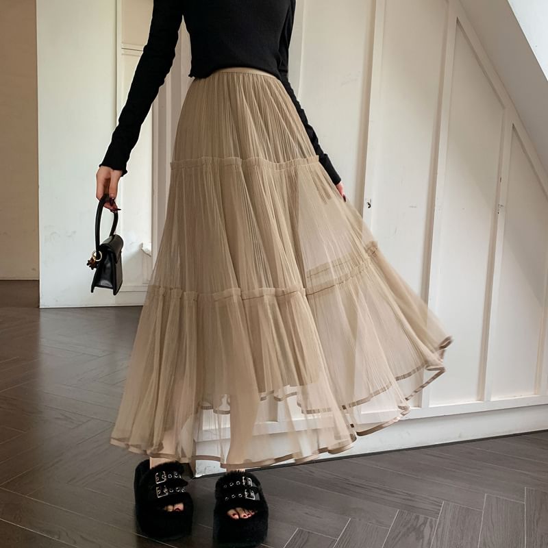 Luminato - Elastische taille, effen gelaagde mesh maxi-A-lijn rok