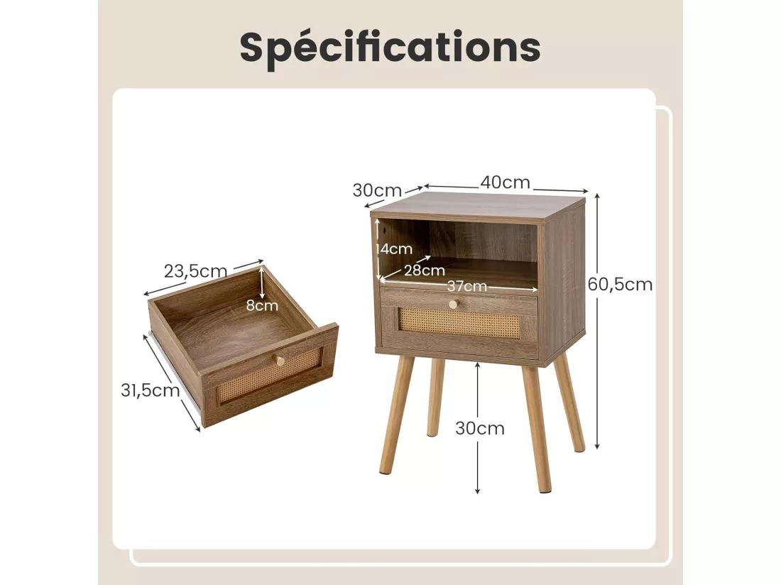 Lot de 2 Table de Chevet Bois avec Tiroir, Tables de Nuit en Rotin, 4 Pieds en Pin, Design Cannage, Compartiment Ouvert, Style Bohème, Table d'Appoint Scandinave pour Salon, Chambre