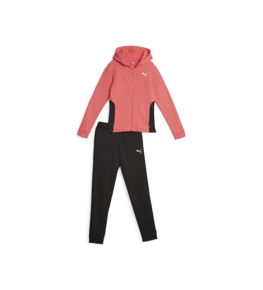 Conjunto de treino com capuz Puma rosa elétrico e preto.