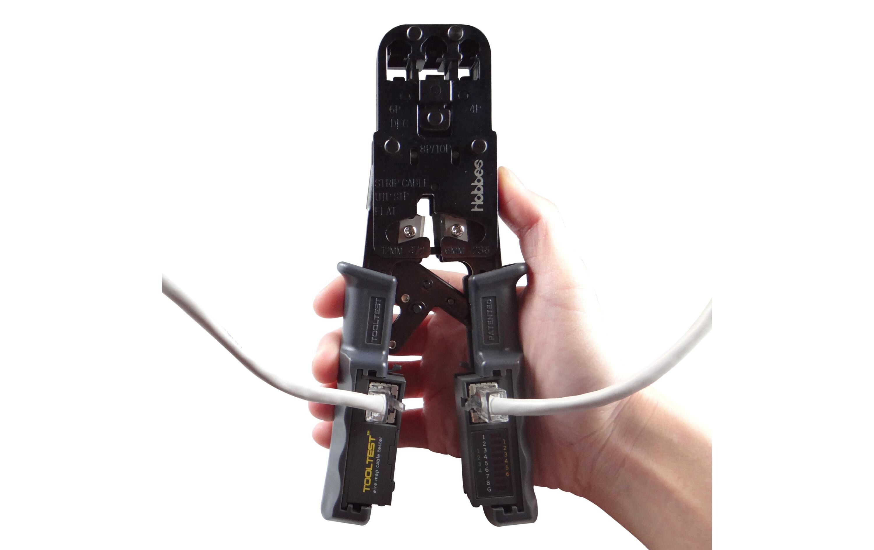 Crimpzange RJ11, RJ12, RJ45 mit KabeltesterCrimpzange und Kabeltester in einem