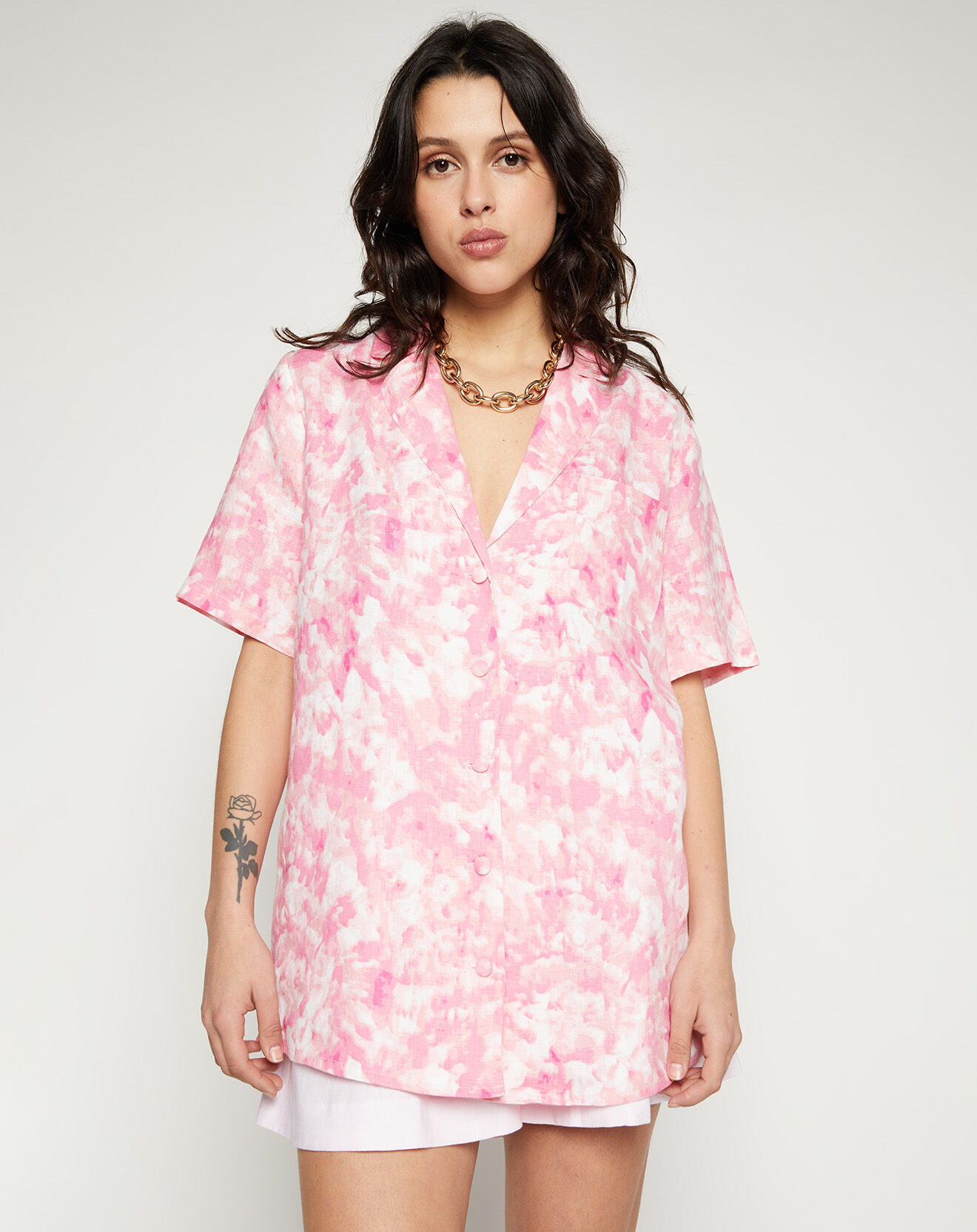 Faithfull the Brand Grande chemise 100% Lin Charlita imprimée rose