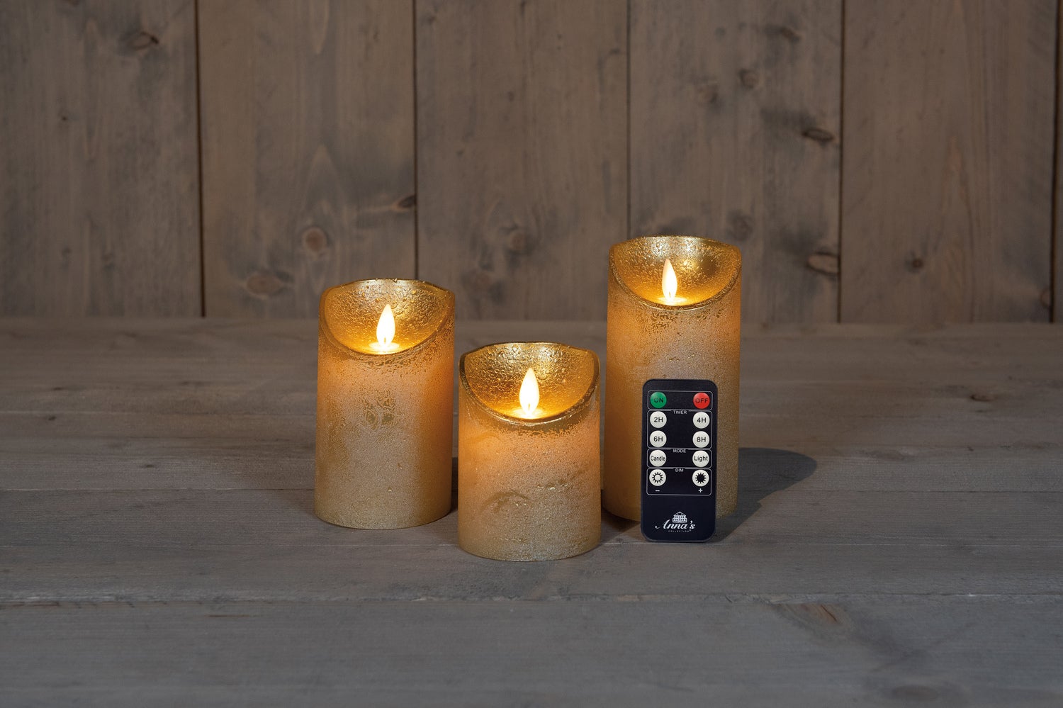 Anna's Collection LED stompkaars Rustiek goud D 7,5 H 10 / 12,5 / 15 cm 3 stuks