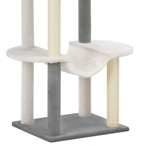 Arranhador para gatos, cinza e branco.