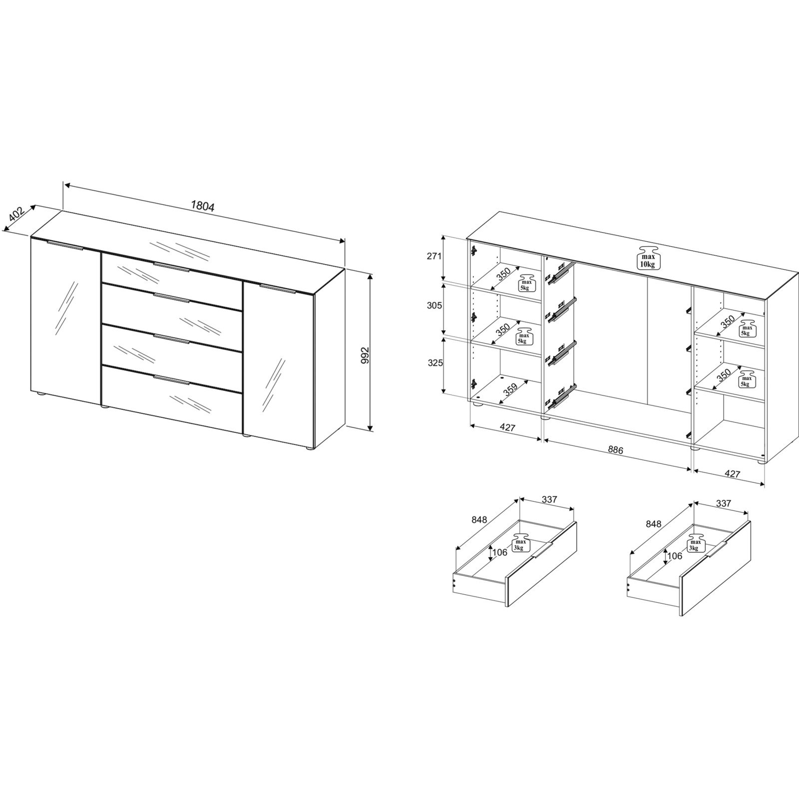 Sideboard Santo, Spanplatte Glas weiss, 180 x 99 x 40 cm