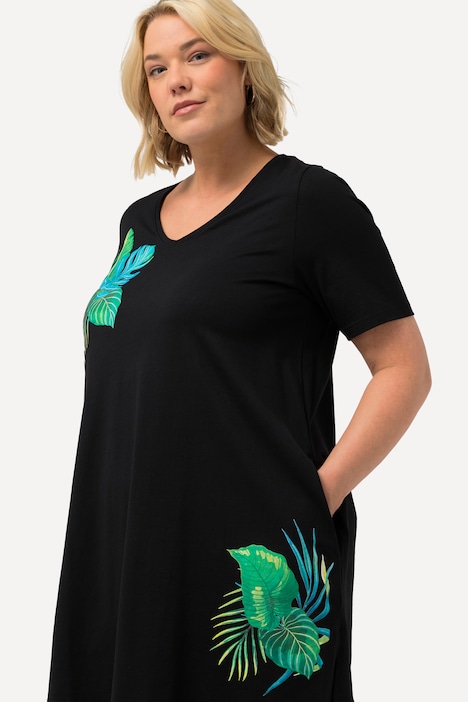 Longshirt, Blätter, A-Linie, V-Ausschnitt, Halbarm