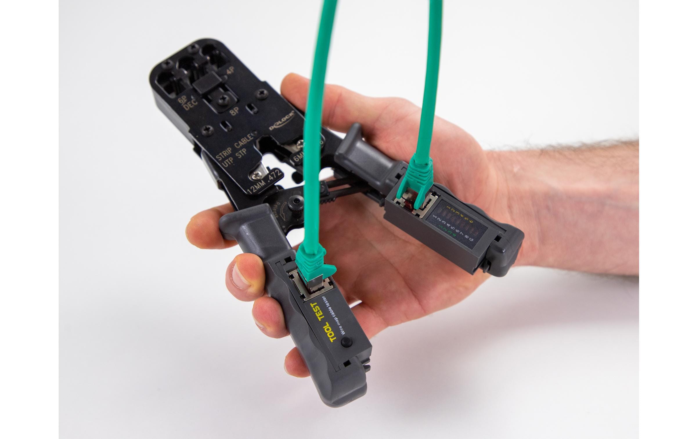 Crimpzange mit Abisolierer und NetzwerktesterCrimpzange mit Abisolierer und Netzwerktester für 8P (RJ45), 6P (RJ12/11), 6P DEC oder 4P (RJ10) Stecker