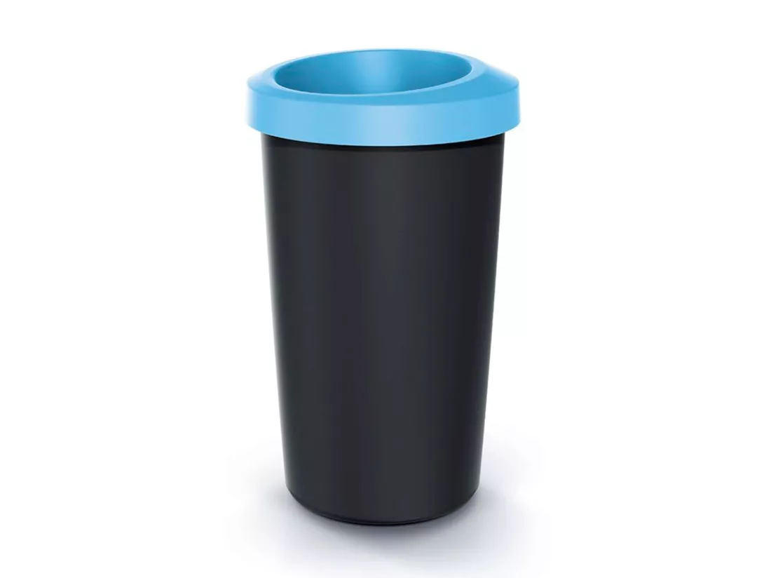 Cube de recyclage de Keden 25L avec couvercle bleu ouvert. 31x31x52