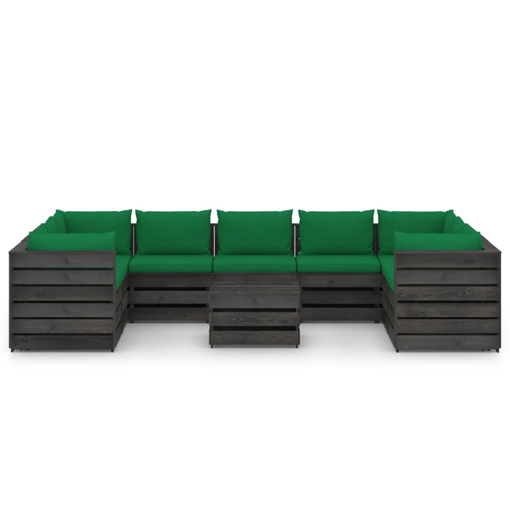 Salon de jardin meuble d'extérieur ensemble de mobilier 10 pièces avec coussins bois imprégné de gris