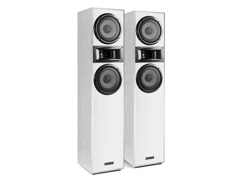 Fenton Standlautsprecher Paar SHF700W Weiss Turmlautsprecher, der mit einem hocheffizienten Hornhochtöner ausgestattet ist