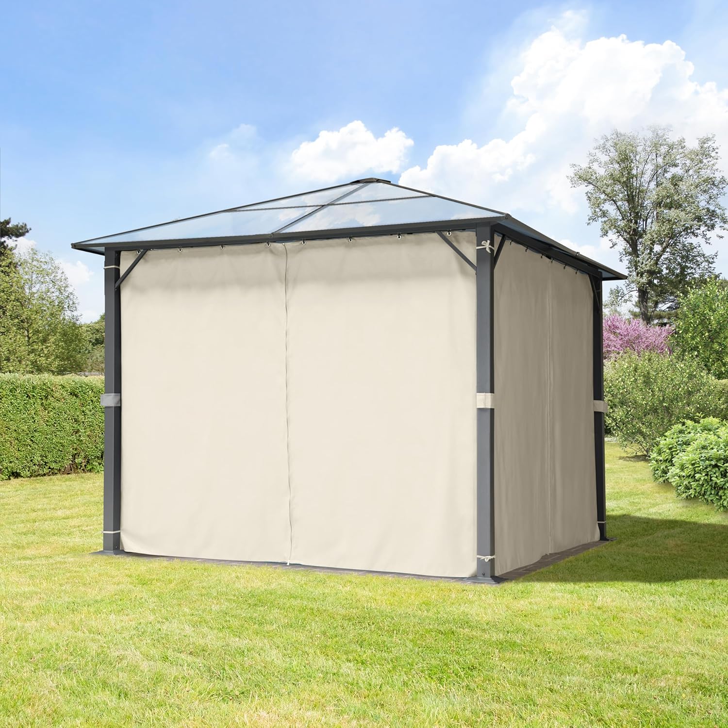 TOOLPORT Gartenpavillon 3x3 m Polycarbonat Dach ca. 6 mm - Hardtop Pavillon mit 4 Seitenteilen und Moskitonetzen in crème