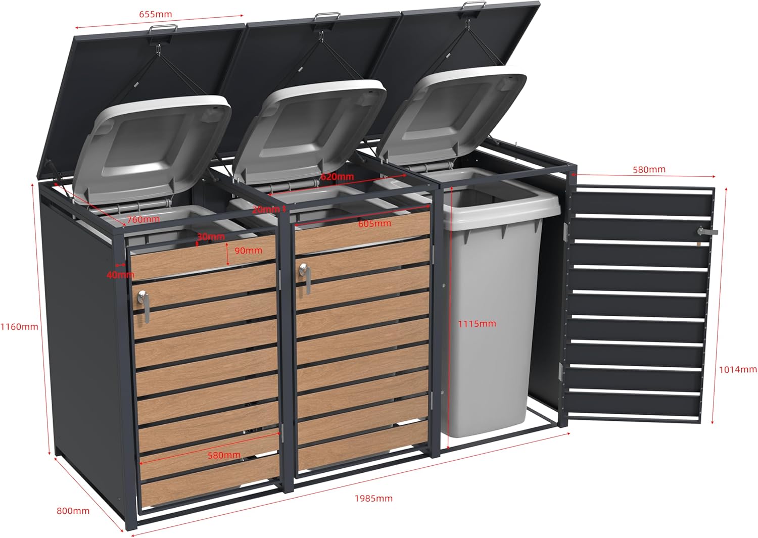 ESTEXO Mülltonnenbox Mülltonnenverkleidung mit Deckel Aufbewahrungsbox Müllbox Anthrazit mit Holzdekor (3 Türen)