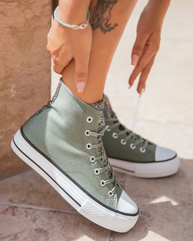 Basket femme montante en toile kaki clair - Théa