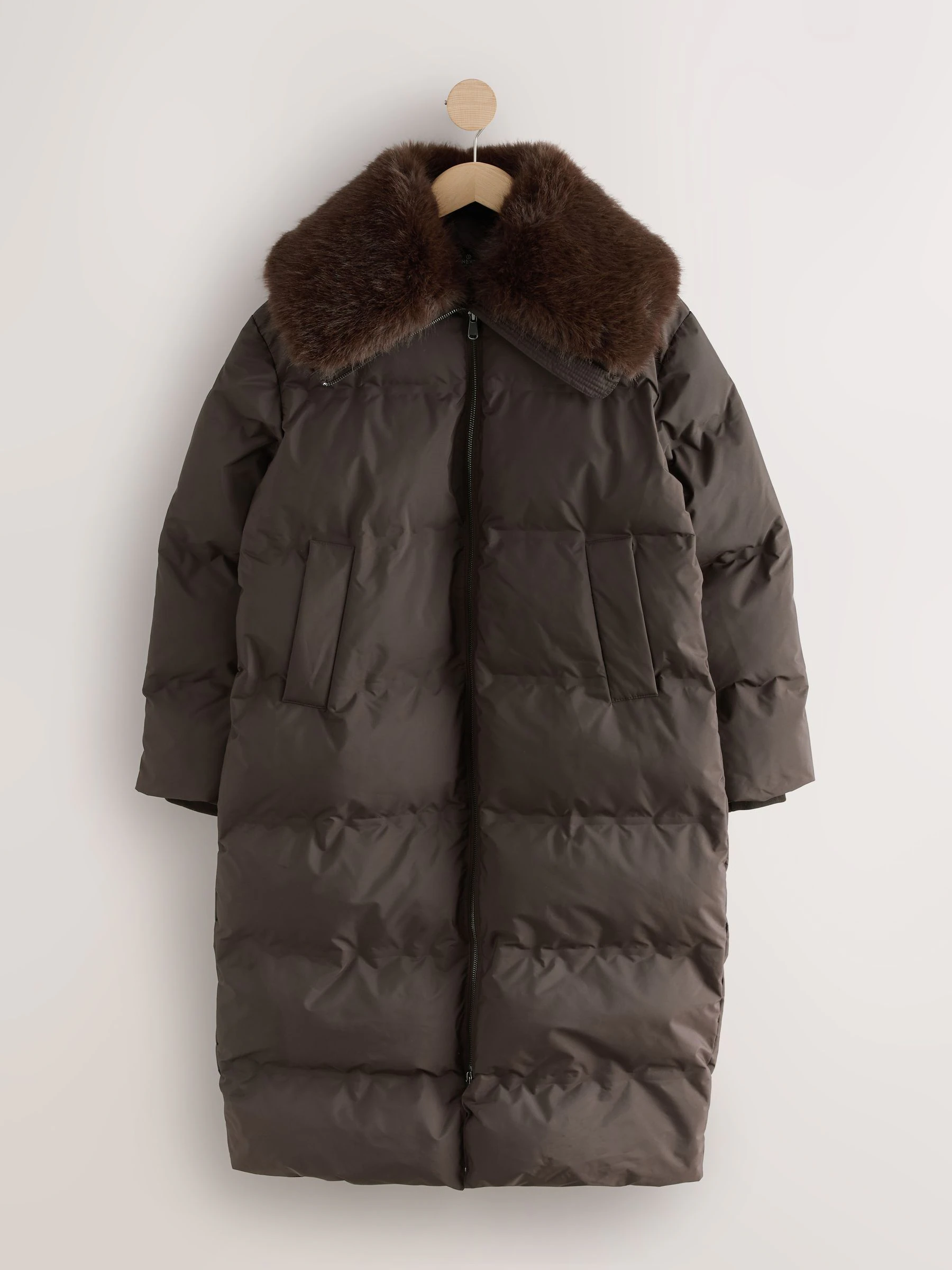 Chocoladebruin - Premium Long Padded Coat with Faux Fur Collar
