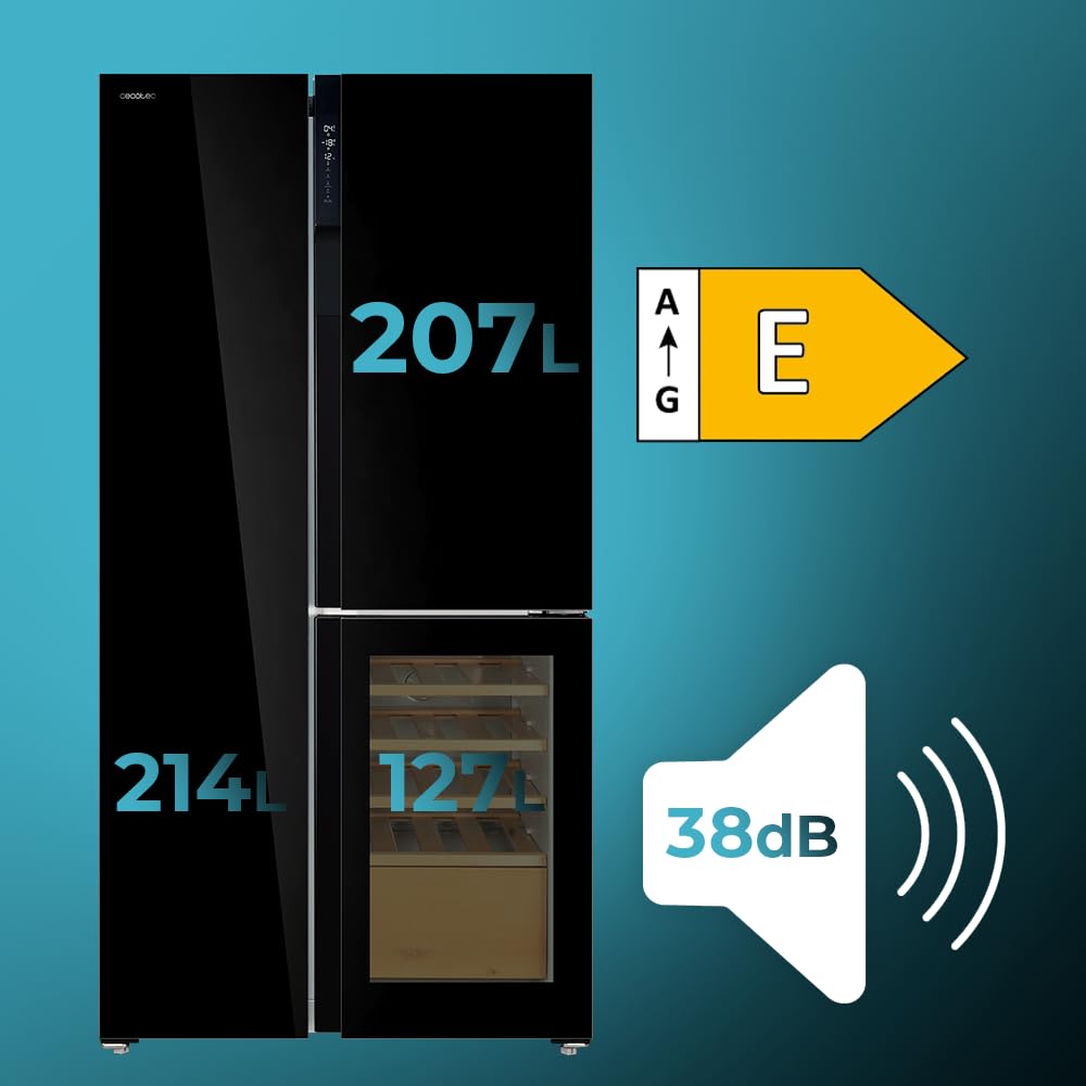 Cecotec Réfrigérateur 3 Portes Bolero CoolMarket TDW 548 Black Glass E, Classe E, 548L, Design T Door, Compresseur Inverter Plus, Total No Frost, Meta