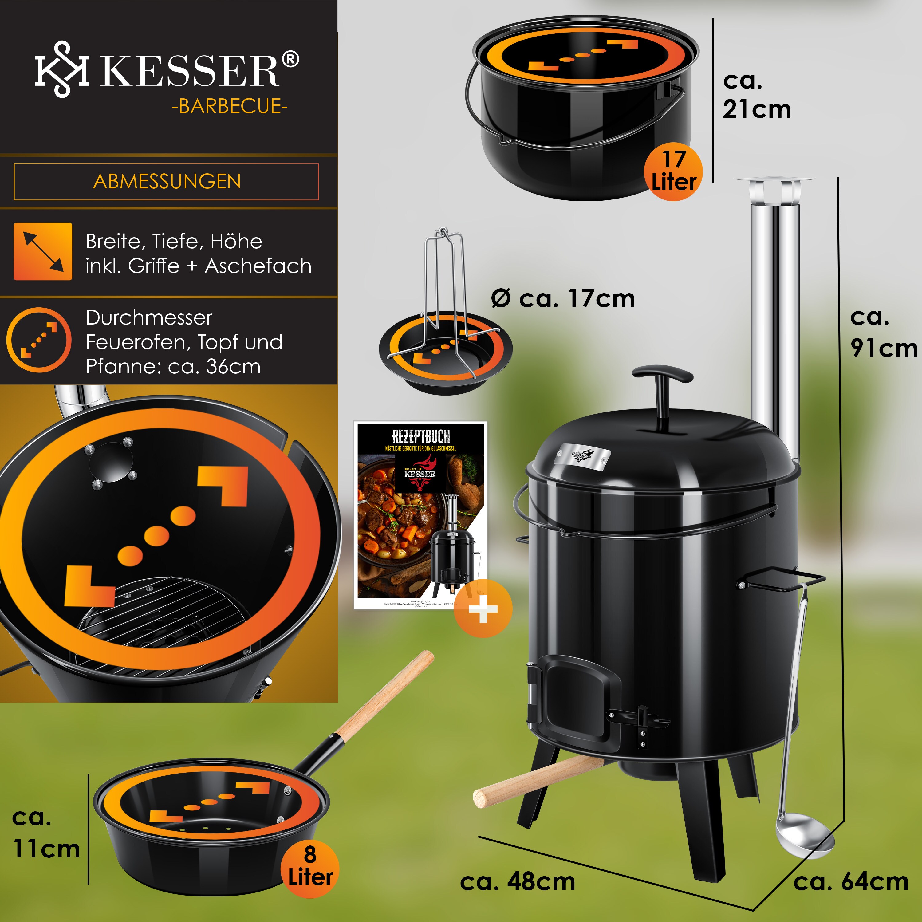 KESSER® Gulaschkessel Gulaschkanone | Eintopfofen mit Grillfunktion Ofen Grill Kugelgrill + Hähnchenbräter 8L Pfanne Kesselgulasch Topf 17 Liter emailliert mit Deckel für die Outdoor Küche Feldküche