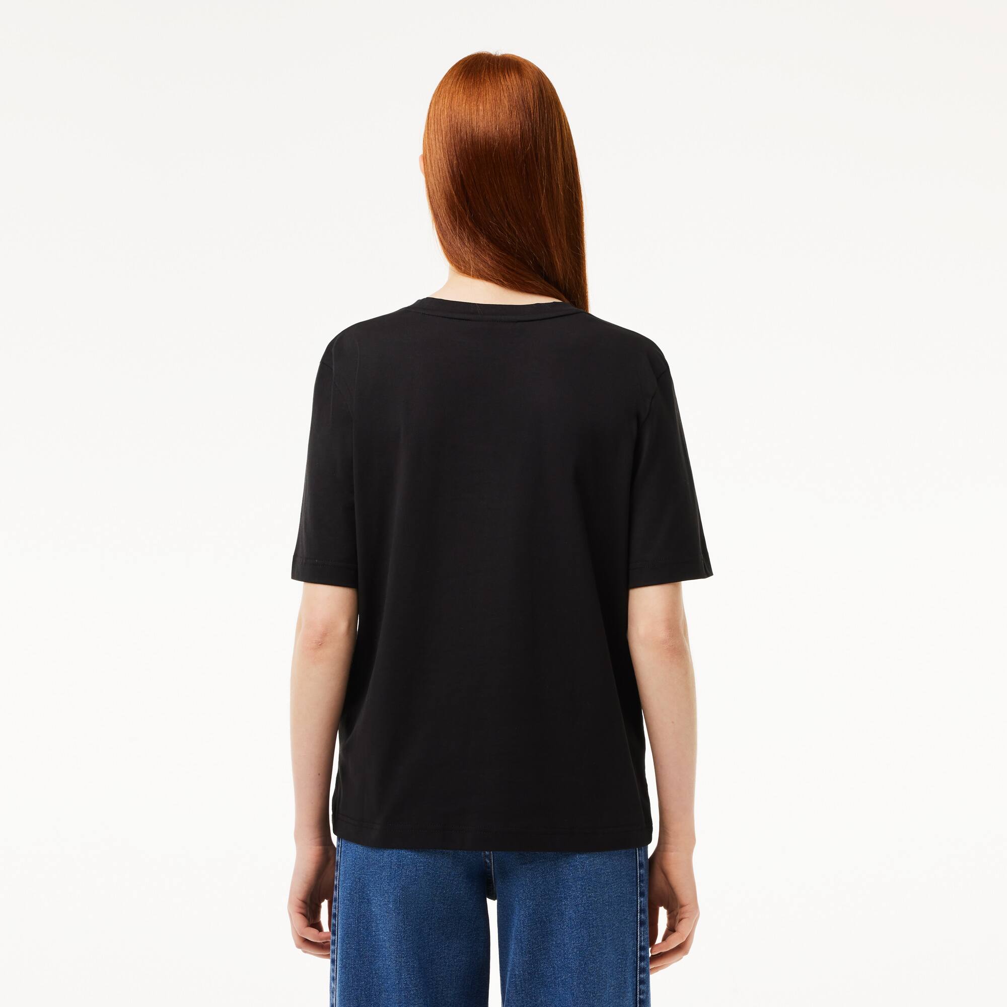 T-shirt relaxed fit en jersey de coton doux col V T-Shirts - Noir - Lacoste - Femme