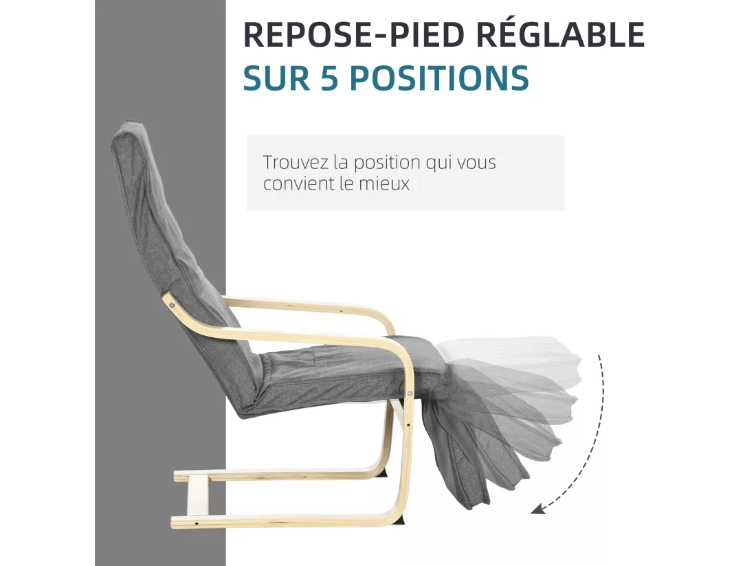 Fauteuil style nordique - repose-pied réglable - déhoussable - bois de bouleau tissu gris