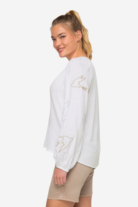 Bluse, Vogel-Stickerei, Tunika-Ausschnitt, Raglan-Langarm