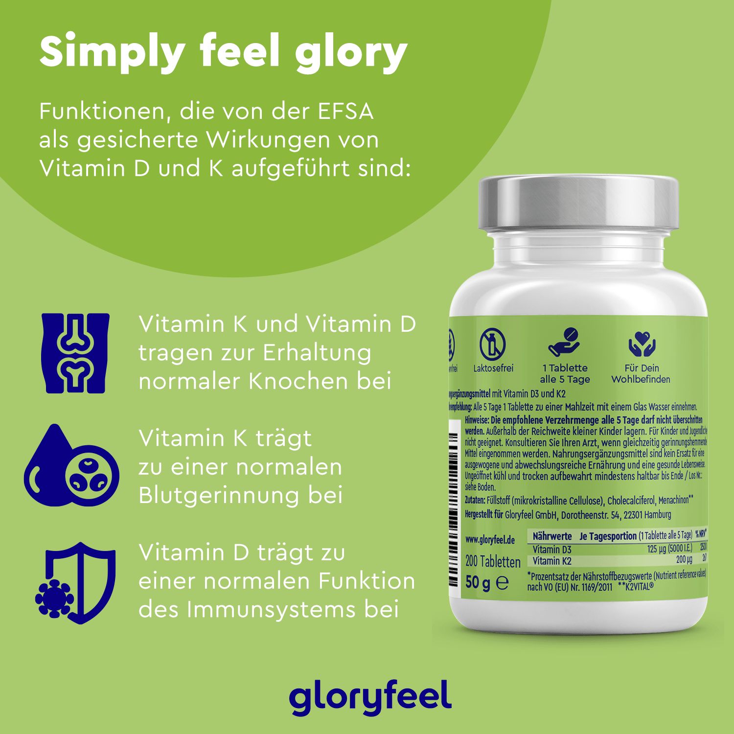 gloryfeel® Vitamin D3 K2 (K2VITAL® von Kappa) 5.000 I.E. Tabletten