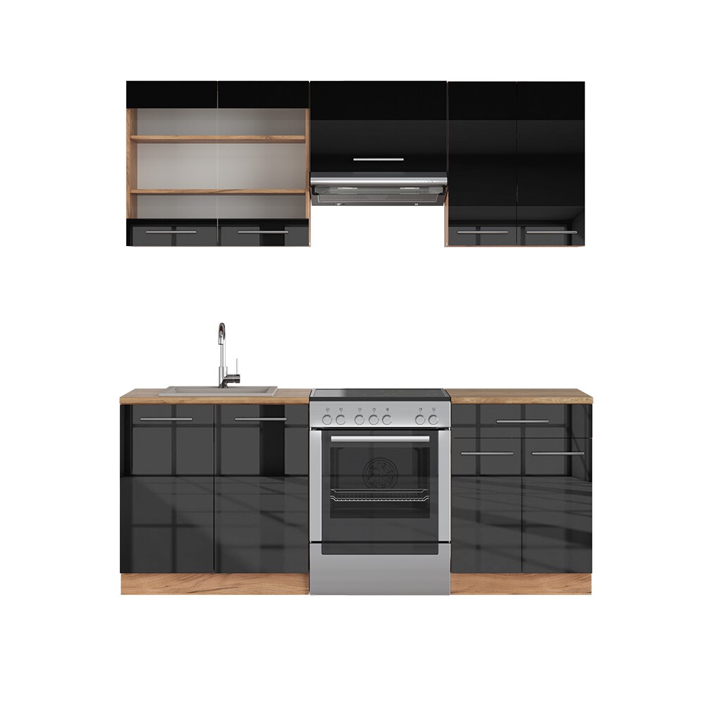 Vicco Küchenzeile Küchenblock Einbauküche Fame-Line Eiche Anthrazit 200 cm modern Küchen Schränke Schubunterschrank Spülenunterschrank Hängeschrank Hängeglasschrank Hochglanz