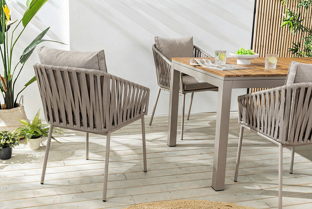Moderner Stuhl ROPE greige Metall Gartensessel inkl. Kissen In- und Outdoor