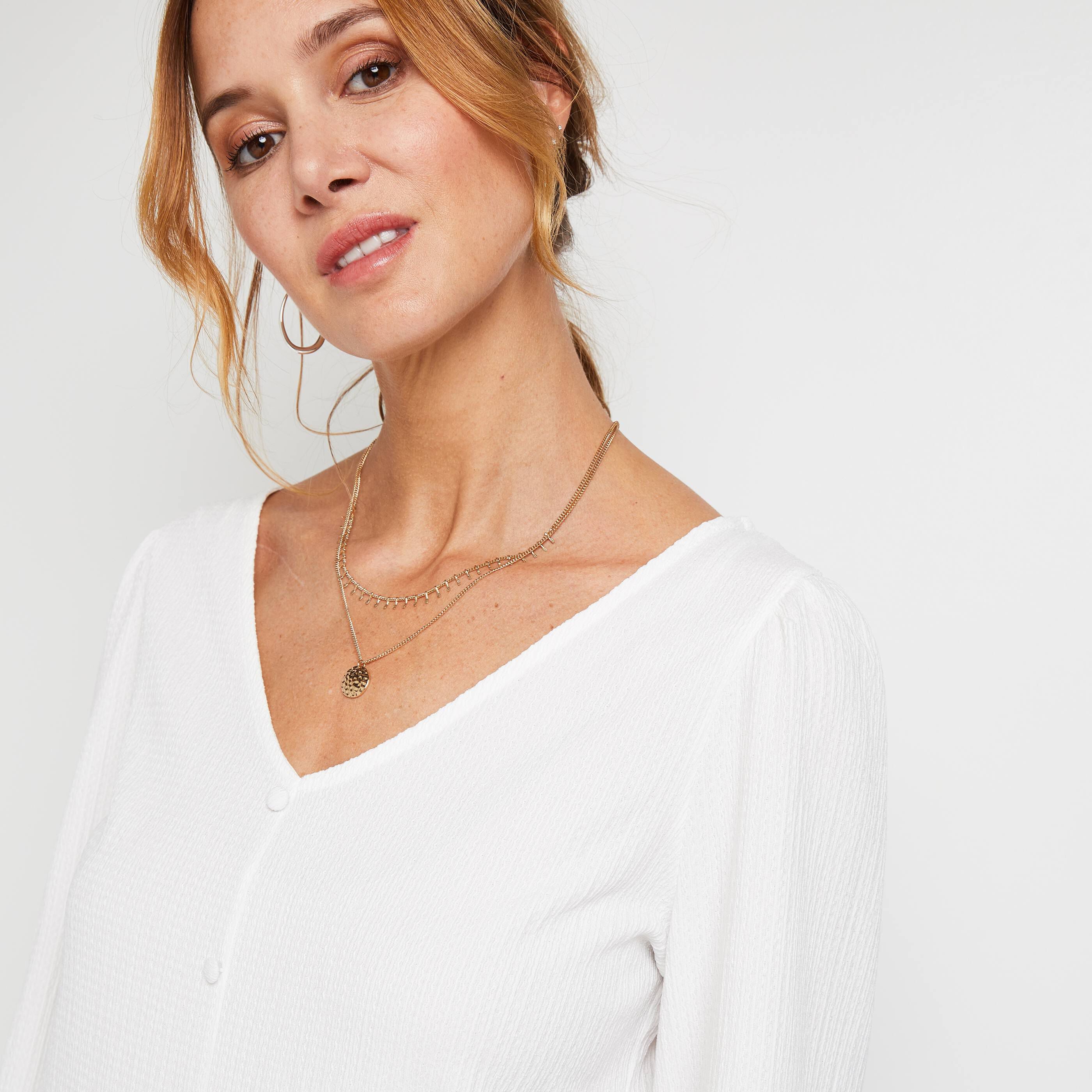 T-shirt uni col V femme - BLANC