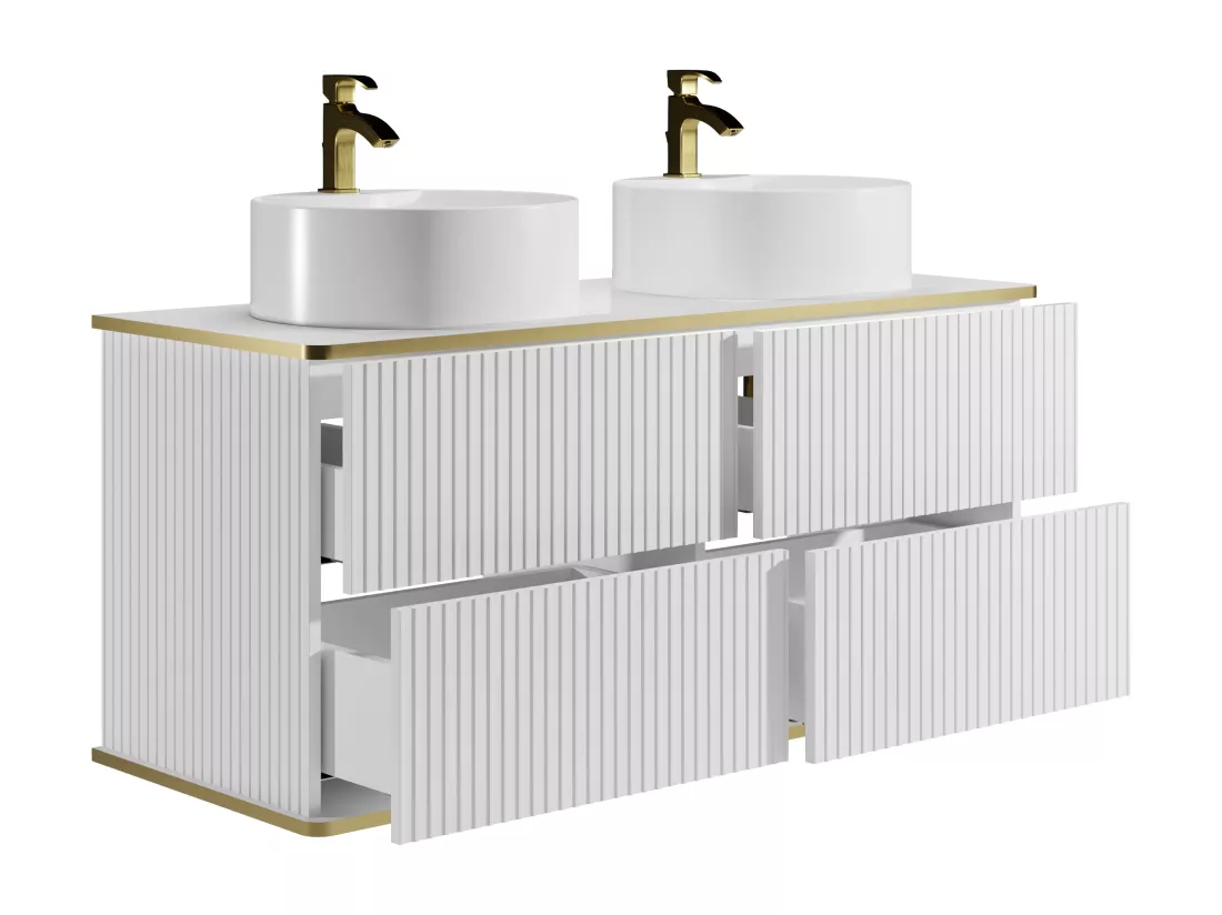 Meuble de salle de bain suspendu strié liseré doré avec double vasque à poser ronde - Blanc - 120 cm - KELIZA